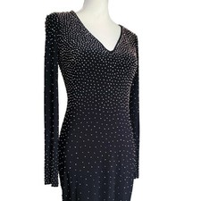 XSCAPE Black Long Sleeve Studded V-Neck Stretch Bodycon Cocktail Mini Dress Sz 4