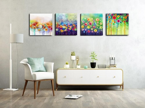 Flowers Bathroom Decor Canvas Wall 12"x12" x 4 Pcs, Abstract Floral - Picture 9 of 9