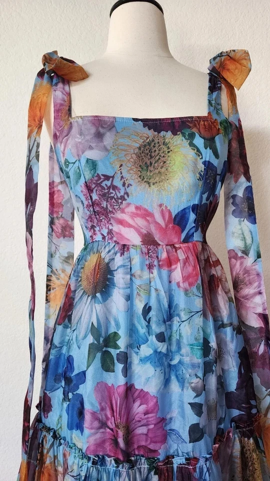 New Anthro Maxi Dress New Size Small Blue Floral Coquette Wedding Formal Prom - Image 4 of 4