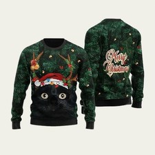 Merry Christmas Black Cat In Pine Tree Ugly Christmas Sweater