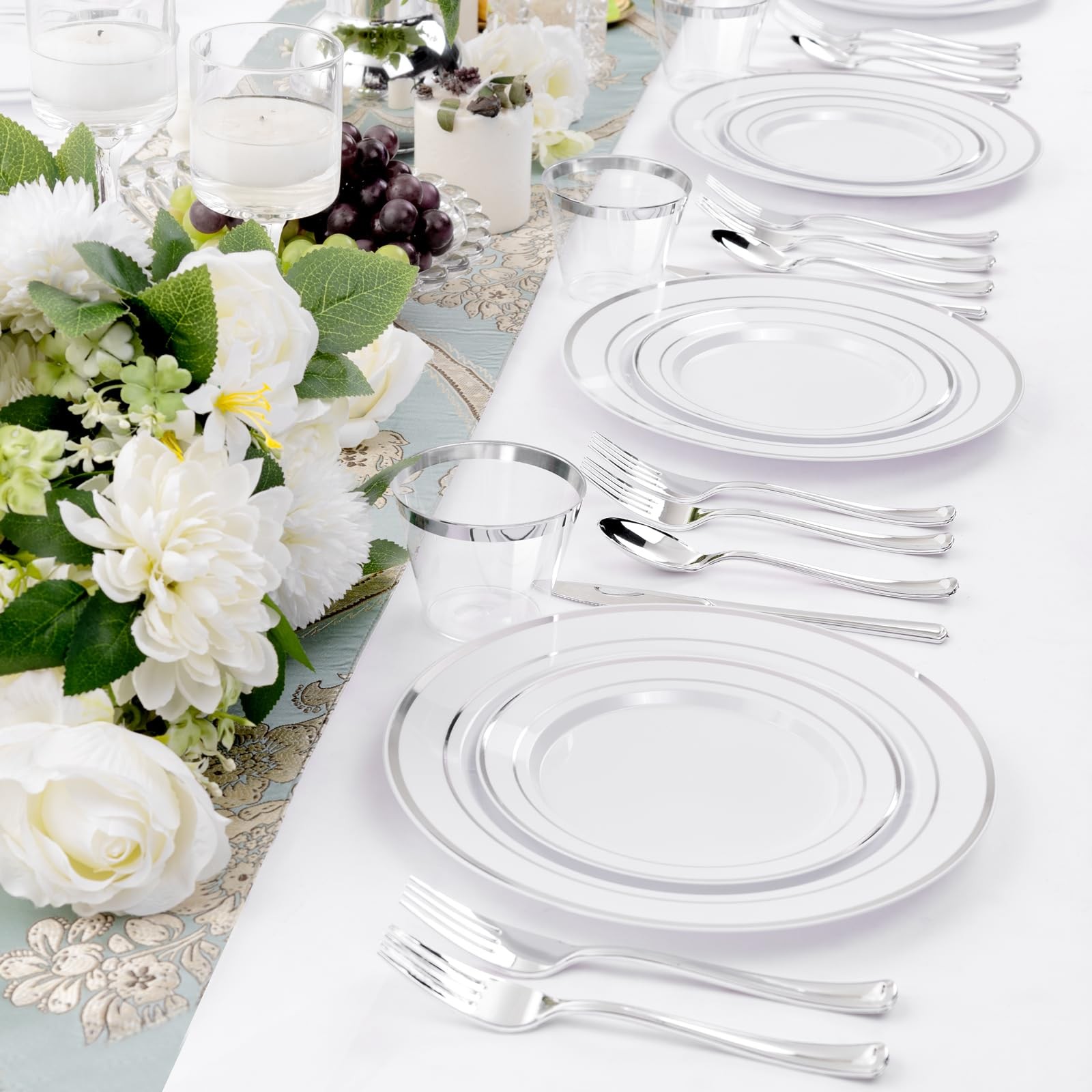 600 PCS Silver Disposable Dinnerware Set for 100 Guests, Wedding Plates Silve...