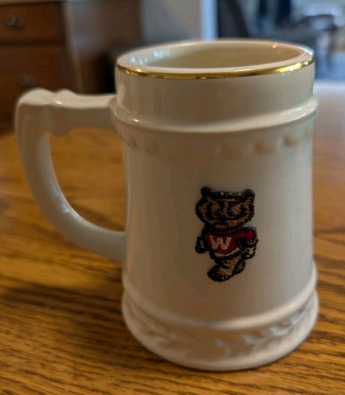 Vintage Wisconsin College Ceramic Stein Mug Gold Trim WC Bunting Co USA Bucky
