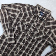 Vintage Wrangler Western Pearl Snap Shirt Men Large Brown Plaid Cowboy Rodeo 80s
