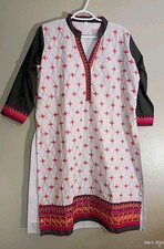 Women  s XL White Printed Kurta/Kurti Tunic Top Black Sleeves Cotton Woven