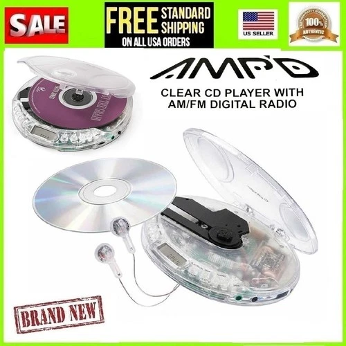 Amp'd Clear Portable Walkman CD Player+ earbuds AM FM Radio With 20 Track Memory