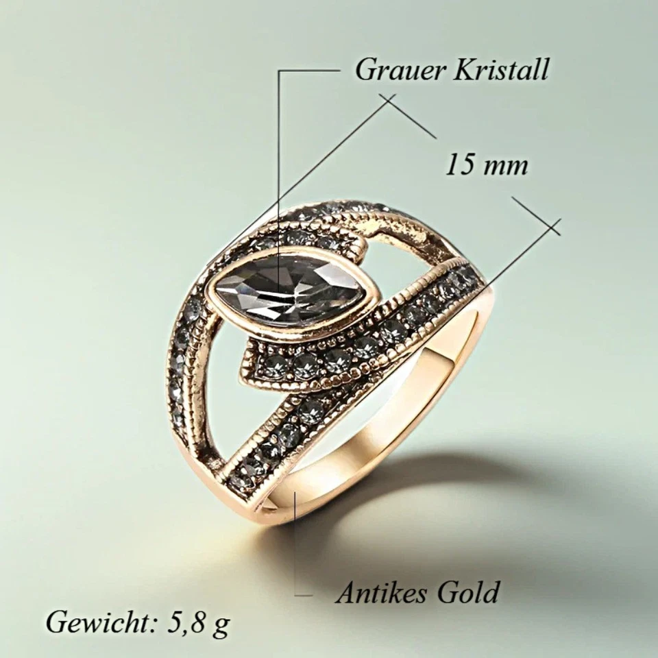 Ethnischer Boho-Ring mit großem grauem Zirkonia in Antikgold Vergoldet - Bild 2 von 4