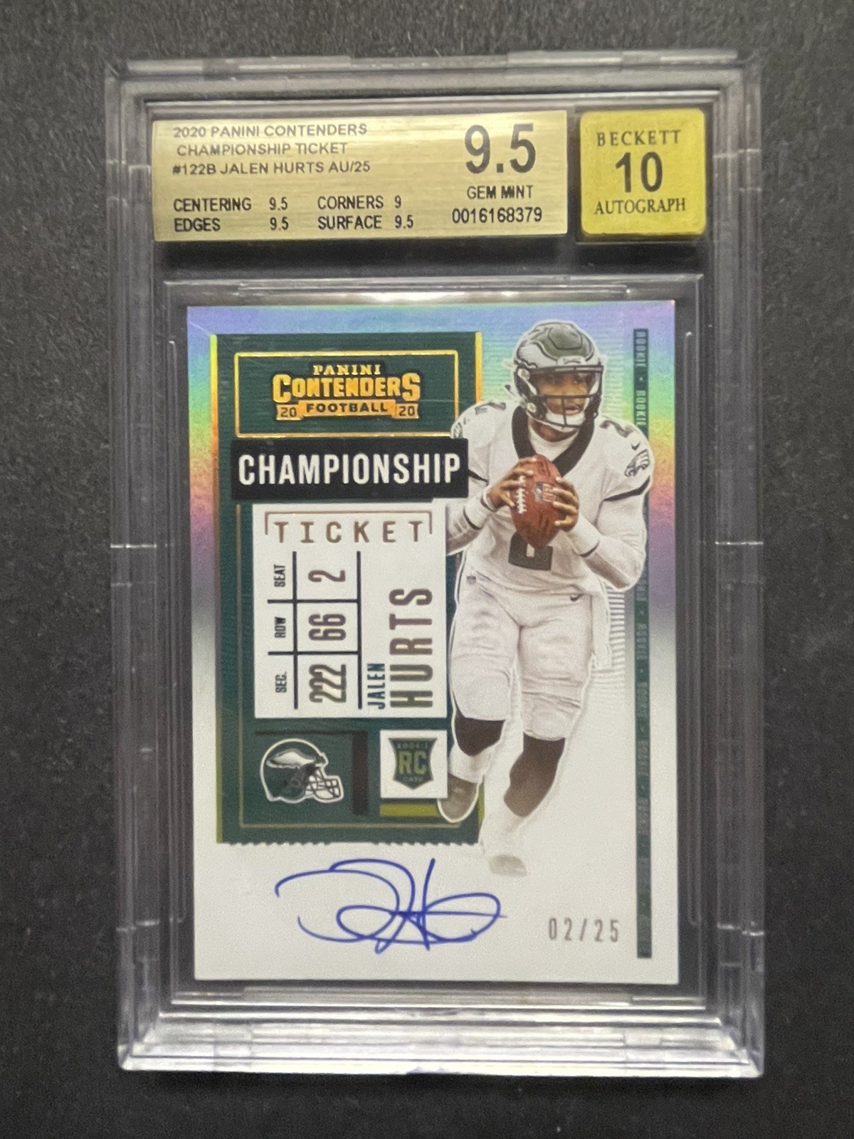 2020 CONTENDERS JALEN HURTS CHAMPIONSHIP TICKET JERSEY #/d 1/1 2/25 BGS 9.5 AUTO