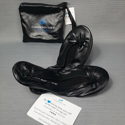 Cinderollies Foldable Ballet Flats Shoes Travel Pouch Black Size 