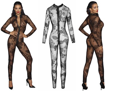 F237 Noir Handmade Overall Catsuit Clubwear Transparent schwarz Reißverschluss