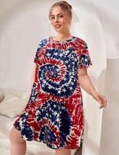 Red, White & Blue Casual Comfy Patriot Tie Dye Fashion Dress Plus Size