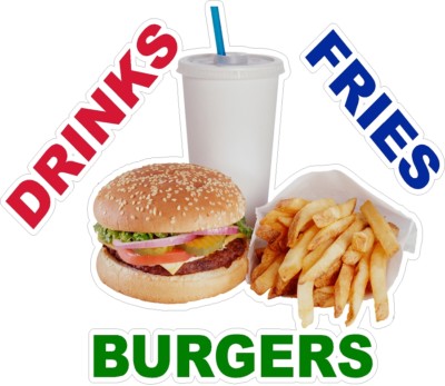BURGER FRIES DRINKS DIECUT VINYL DECAL (CHOOSE A SIZE) STANDS BOARDWALK SHOPS