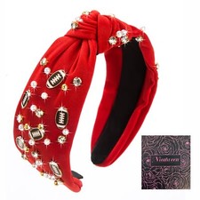 Women's Fashion Football Headband Pearl Rhinestone Jeweled Knotted Cute