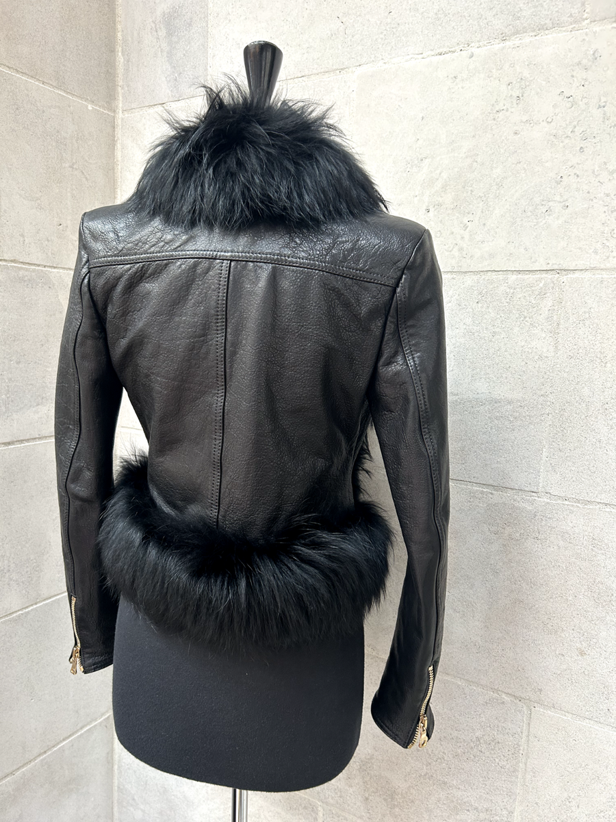 Balmain Leather Fur Trimmed Jacket Coat in Black Size 38 Or Balmain Leather Fur Trimmed Jacket Coat in Black Size 38 Or
