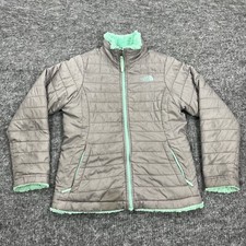 North Face Jacket Girls Large 14-16 Gray Green Reversible Fleece Coat