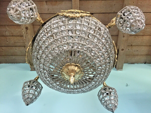 Chandelier French Louis XVI Gold Swan Crystal Beaded 10 Light Vintage Fixture - Picture 7 of 24