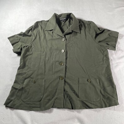 Vintage Ellen Figg Shirt Linen Womens Large 16 Green Mature Minimalist Top Cool