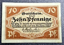 ZWICKAU NOTGELD 10 PFENNIGE 1920 EMERGENCY MONEY GERMANY BANKNOTE (33612)