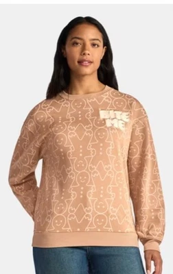 Brown Gingerbread Print Sweatshirt 'Bite Me' On Front Pullover Fleece Lined S - Image 1 of 4