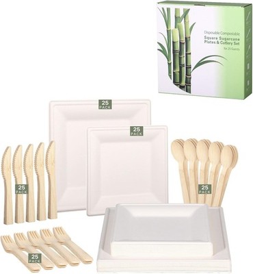 LEKOCH Compostable Plates Set, 25 Guests Sugarcane Dinnerware - Eco-friendly