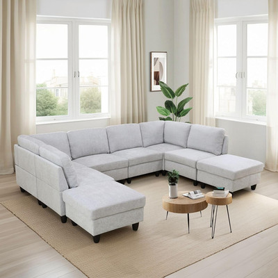 Everest U-Shaped Flannel Modular Sofa with Stylish Ottoman for Cozy Living
