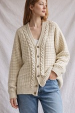 Vintage Wool Cable Knit Cardigan Chunky Oversized Sweater Women  s L Men  s S