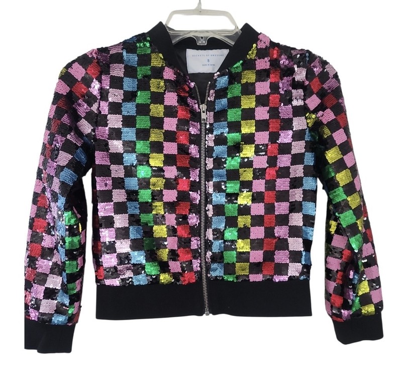 Girls ROCKETS Of AWESOME Retro Rainbow Sequin Check Bomber Jacket size 8