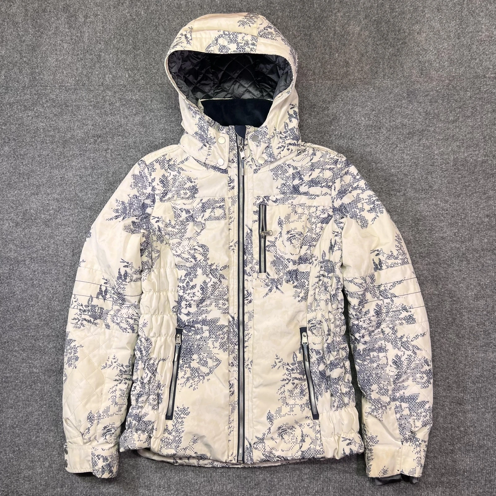 Obermeyer Resort Jacket Womens 10 White Floral Hooded Insulated Ski Snow Pockets
