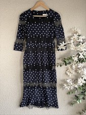 Attention Navy & White Polka Dot Mesh Lace Midi Dress UK Small Fitted