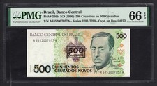 Brazil 500 Cruzeiros on 500 Cruzados ND(1990) P226b Uncirculated Grade 66