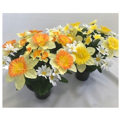 2 x Artificial Daffodil Narcissus & Daisy Grave Pots - Spring Cemetery Flowers - Picture 2 of 4