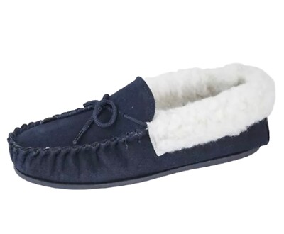 Mokkers Ladies Suede Moccasin Slippers Fur Lined Navy Size UK