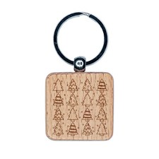 Christmas Trees Galore Pattern Engraved Wood Square Keychain Tag Charm