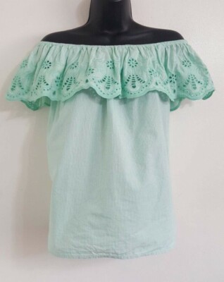 NEW ex Red Herring Green Stripe Print Cotton Bardot Broderie