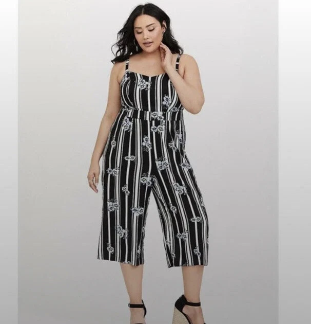 Torrid Black & White Stripe Blue Floral Wide Leg Culotte Jumpsuit