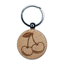 Couple of Shiny Cherry Fruits Cherries Engraved Wood Round Keychain Tag Charm