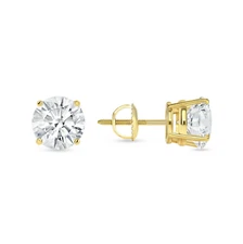 6 Ct Round Cut Earrings Studs Solid Real 18K Yellow Gold Screw Back Basket