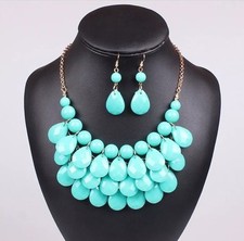 Gold Toned Aqua Turquoise Colored Acrylic Bead MultiLayer Necklace Earrings Set