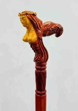 Mermaid Wooden Carved Walking Stick Cane handmade wood crafted comfortable handl