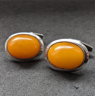 Art Deco Manschettenknöpfe Silber 830 Butterscotch Bernstein alt c. 1930