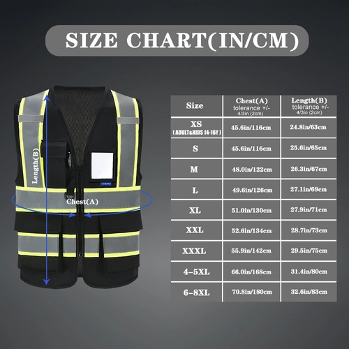 High Visibility Safety Vest with Pockets Reflective Strips and Zipper,Black - Bild 7 von 10
