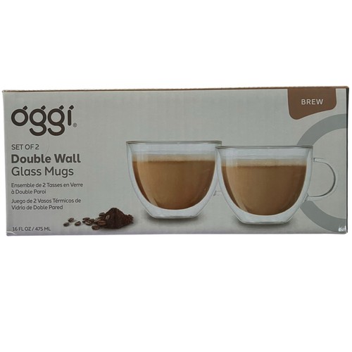 Oggi Double Wall Glass Mugs 16oz Set of 2 Insulated Borosilicate Coffee/Tea Cups