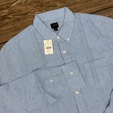 J.Crew Men Size Large Button Down Shirt Blue White Linen Cotton Micro Check NEW
