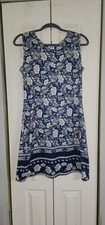 Blue White Floral A-Line Dress Sleeveless Knee Length Polyester Spandex Size M