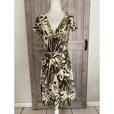 Chaps faux wrap dress, size small, brown and cream