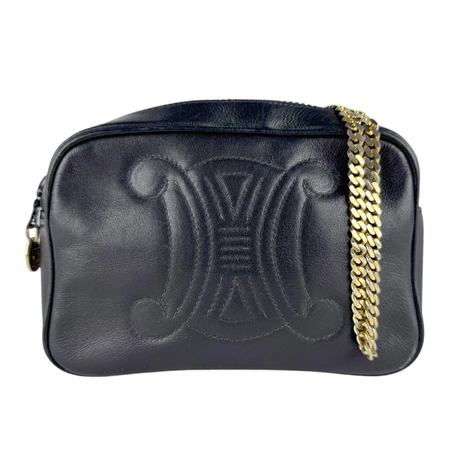 Celine — Auth CELINE Crossbody Shoulder Bag Black/Gold Leather/Metal - z9606