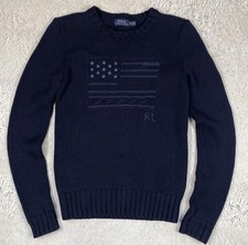 Polo Ralph Lauren Navy Blue Cotton Knit Sweater Crewneck Flag XS