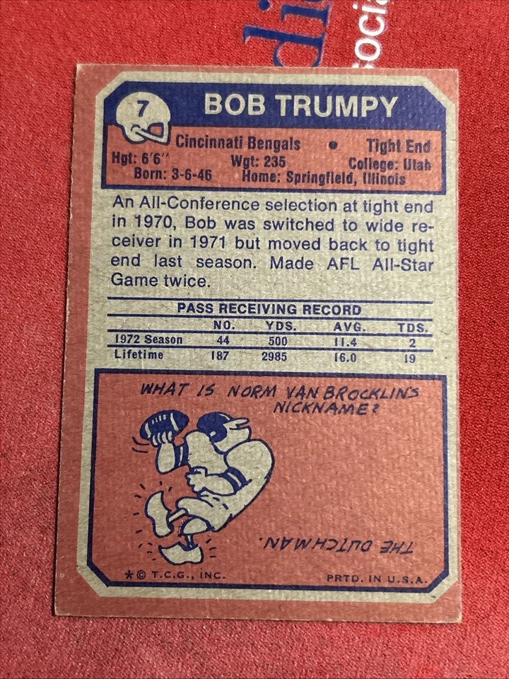 1973 Topps BOB TRUMPY #7  BENGALS Vintage Football Card  SHARP Corners Gem - Image 4 of 4