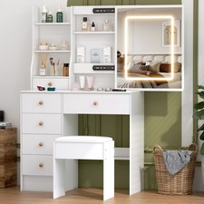 Makeup Vanity Desk Set With Sliding LED Lighted Mirror Adjustable 3 Lighting.