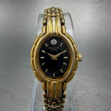 Bulova Watch Women 17mm Black Dial Gold Tone Oval 92Y16 New Battery Diamonds