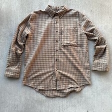 Drake Waterfowl Flannel Shirt Mens Medium Khaki Tan Plaid Twill Outdoors Button